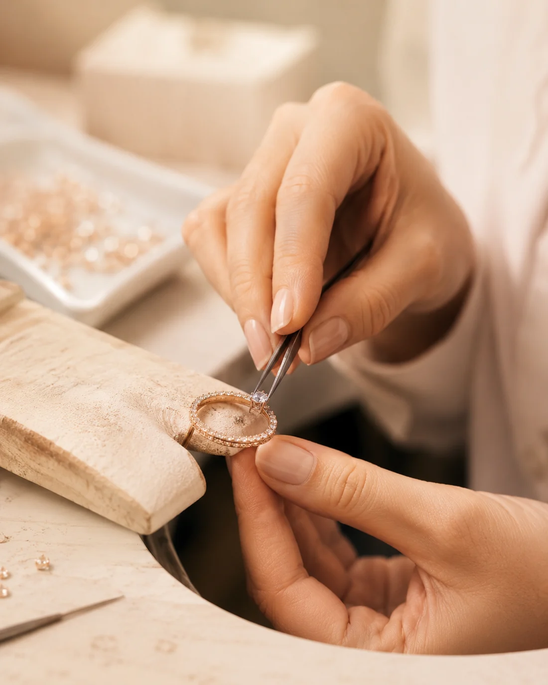 A diamond being set into a gold mount with tweezers, loose stones alongside