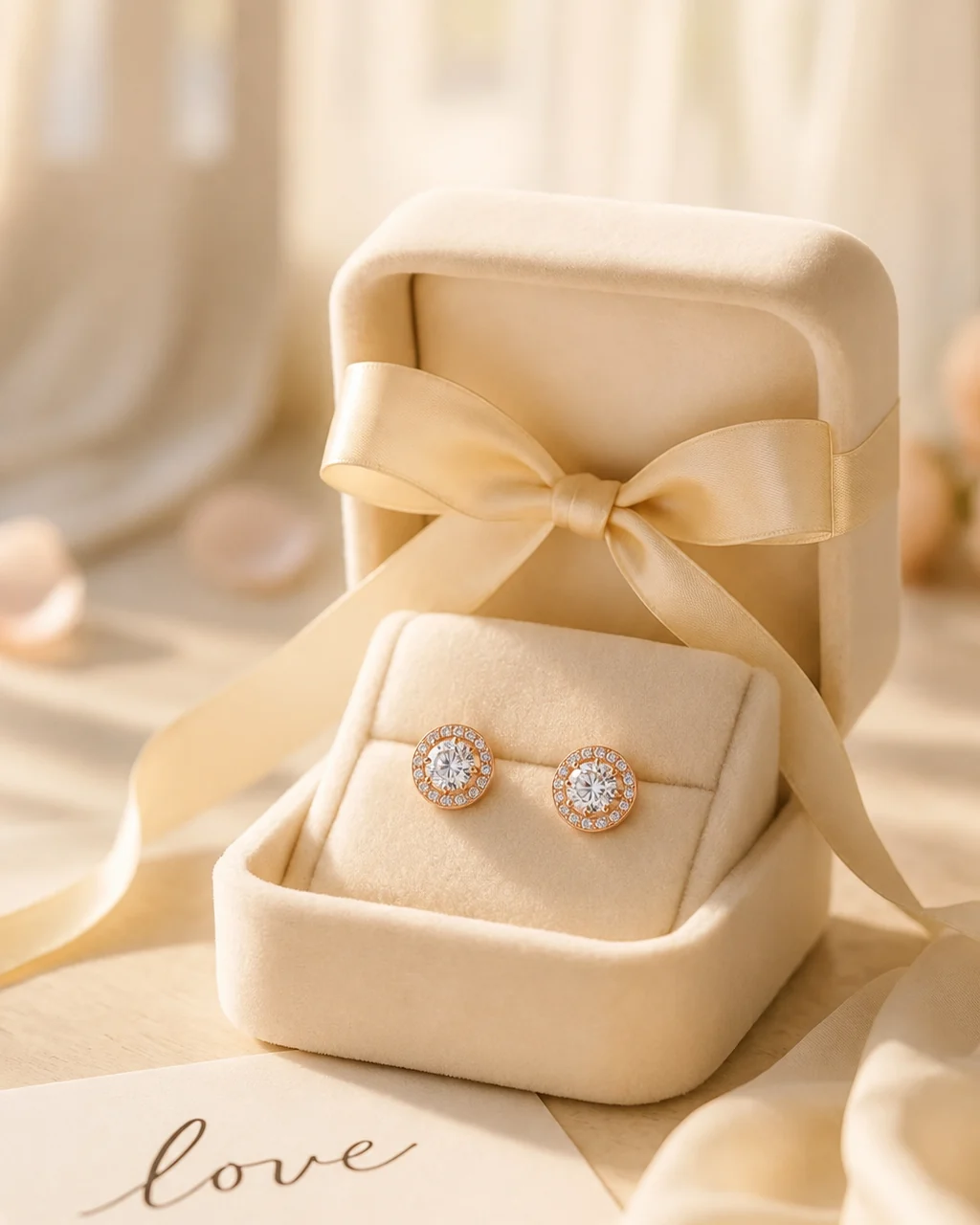 Diamond studs in a ribboned gift box beside a handwritten card